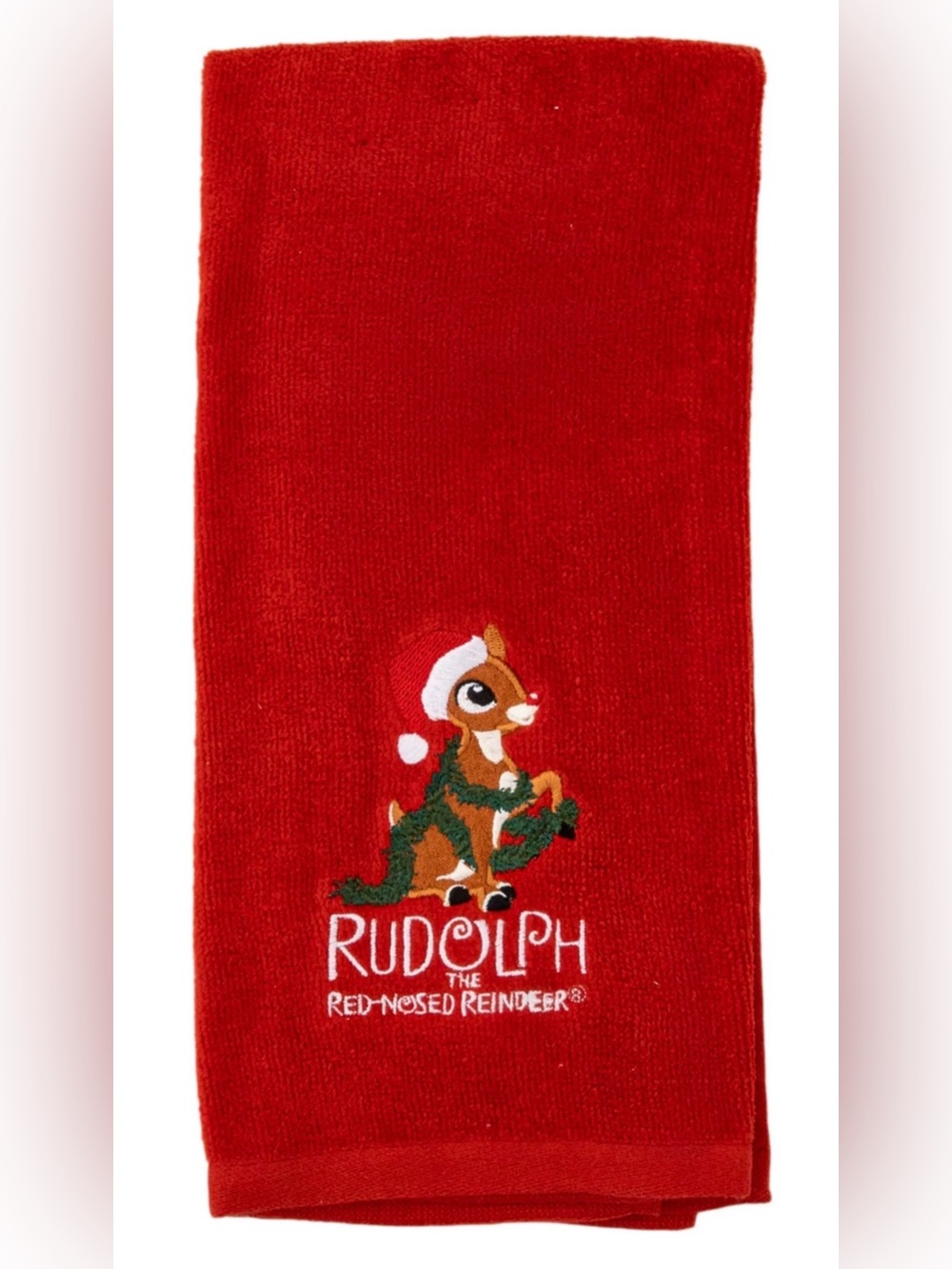 Rudolph Red Holiday hand Towel - Festive Red Embroidered Design